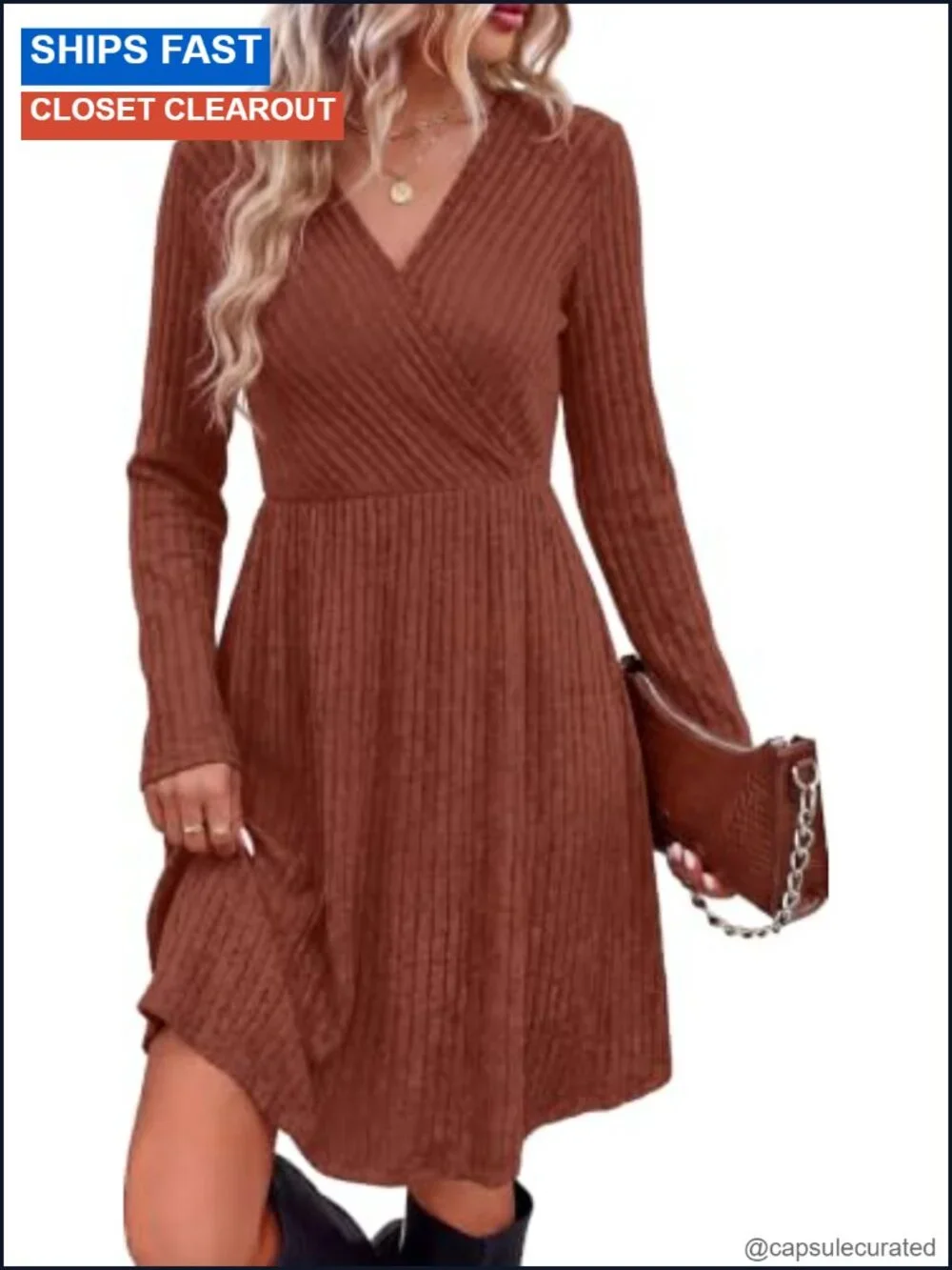 Womens Long Sleeve Wrap Sweater Dress Ribbed Knit V Neck with Pockets